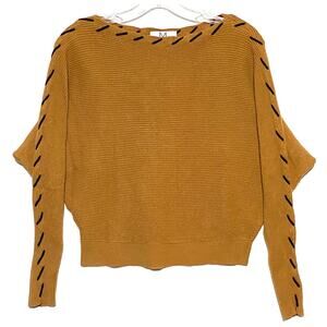 M Magaschoni Tan Brown Boat Neck Sweater Dolman Ribbed Contrast Stitch Womens L